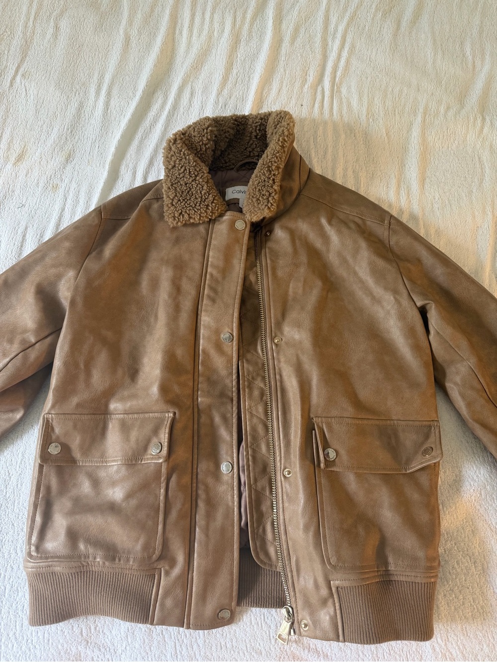Calvin Klein Tan Teddy-Collar Quilted Lined Jacket